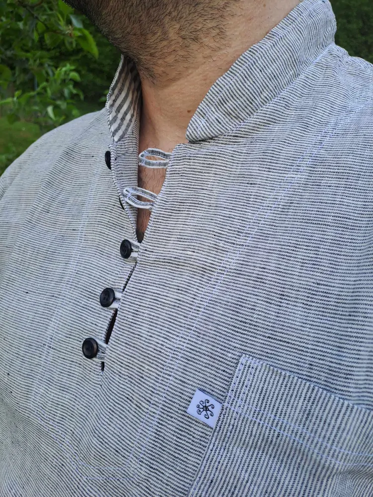 Lněná košile s poutky - šedý proužek