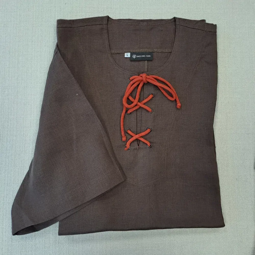 Lněná košile hnědá - šněrovací KRÁTKÝ RUKÁV