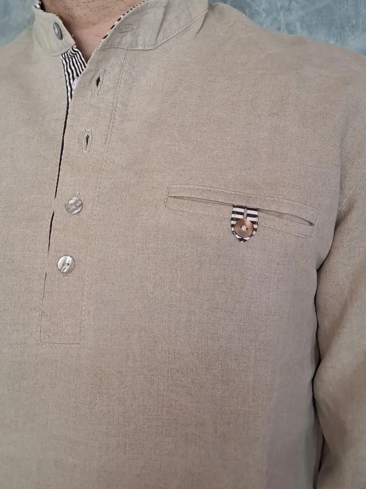 Lněná košile s knoflíky - režná s hnědou kostkou