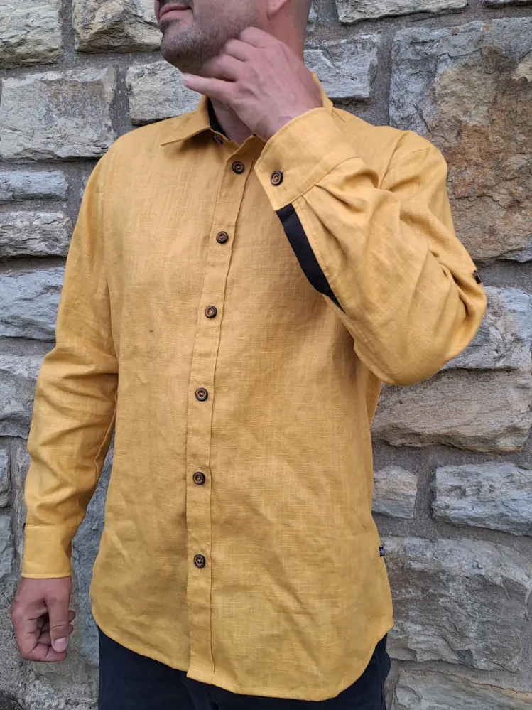 Celopropínací lněná košile žlutá s černou