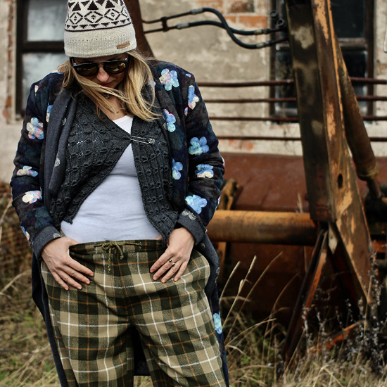 Vlněné kalhoty - světle zelená kostka