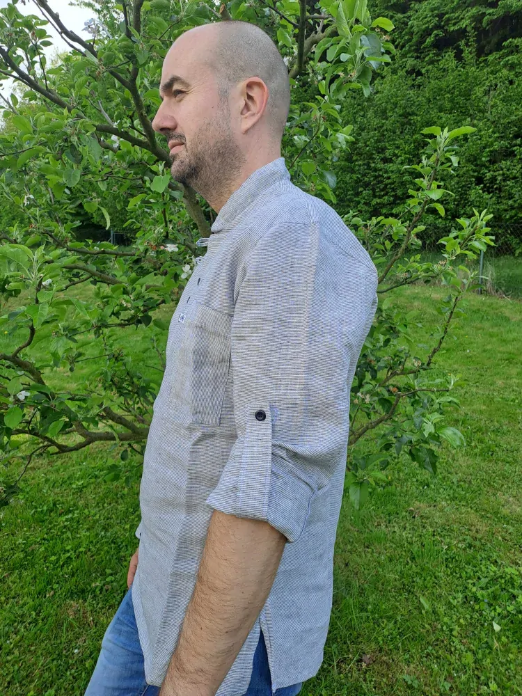 Lněná košile s poutky - šedý proužek