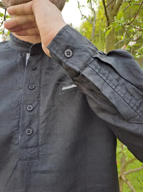 Lněná košile s knoflíky - černá s šedou