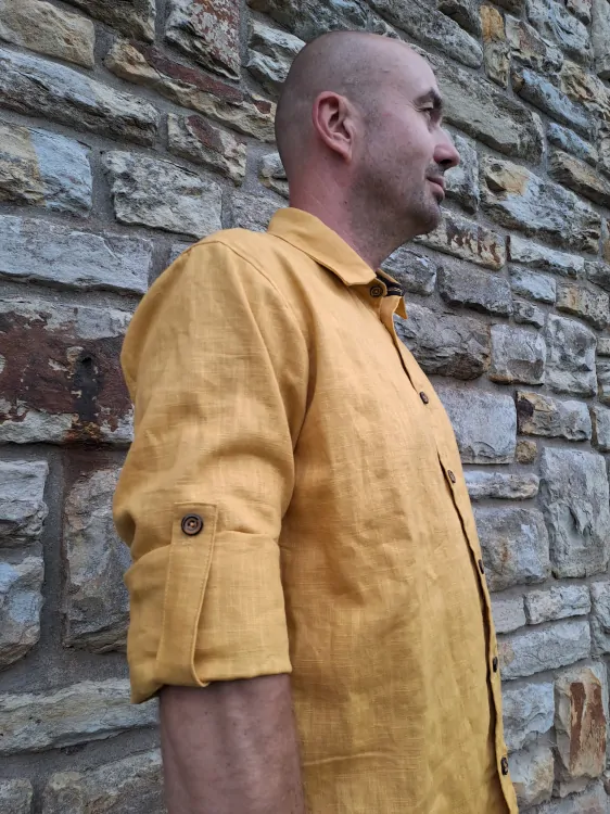 Celopropínací lněná košile žlutá s černou