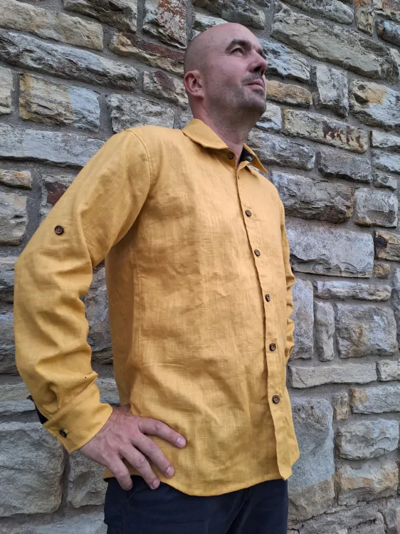 Celopropínací lněná košile žlutá s černou