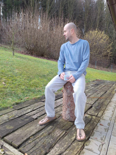 Lněné kalhoty UNI - modro-šedý proužek