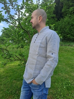 Lněná košile s poutky - šedý proužek