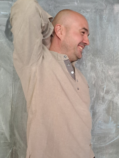 Lněná košile s knoflíky - režná s hnědou kostkou