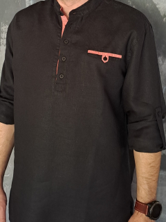 Lněná košile s knoflíky - černá s červenou