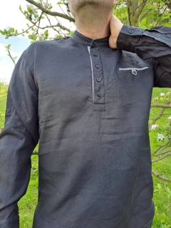 Lněná košile s knoflíky - černá s šedou